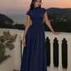 High Neck Short Sleeve A Line Midi Dress in Navy Blue