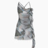 Mesh Asymmetrical Neck Ruched Applique Mini Dress in Ash Grey