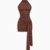 Floral Embroidered Halter Neck Ruched Tie Mini Dress in Chocolate Brown