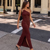 One Shoulder Ruched Fitted Maxi Dress in Burgundy