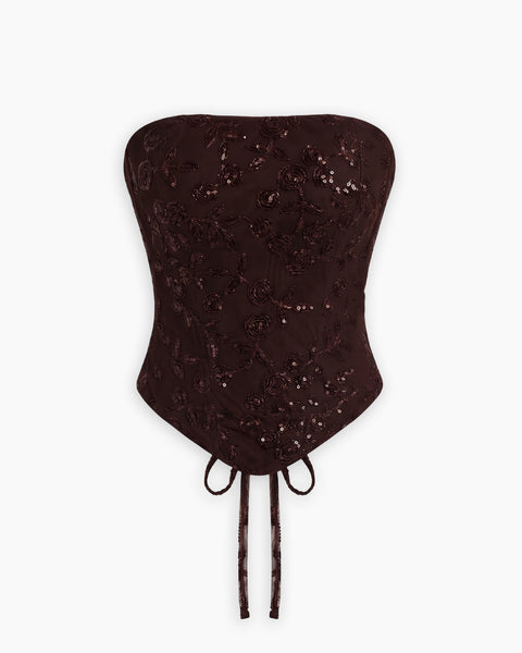 Strapless Floral Sequin Embellished Corset Top in Chocolate Brown