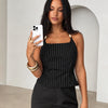 Striped Square Neck Beaded Strap Fitted Top in Classic Black