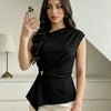 Asymmetric Draped Waist Tie Top in Classic Black