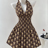 Halter Neck Smocked Waist Floral Mini Dress in Coffee Brown