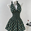 Halter Neck Smocked Waist Floral Mini Dress in Dark Green