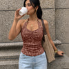 Floral Embroidered Tie Neck Ruched Cami Top in Chocolate Brown