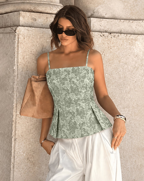 Square Neck Floral Peplum Cami Top in Green