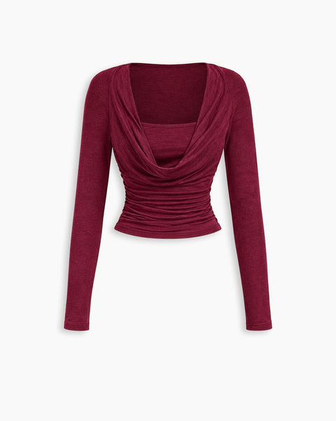 Cowl Neck Ruched Long Sleeve in Burgundy