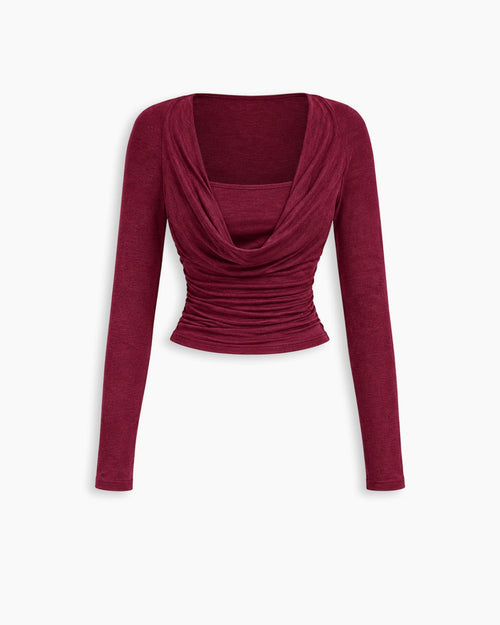 Cowl Neck Ruched Long Sleeve in Burgundy