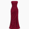 Strapless Ruched Draped Slit Maxi Dress in Wine Maroon