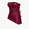 Strapless Ruched Asymmetric Mini Dress in Wine Maroon