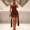 Halter Neck Ruched Mini Dress in Cocoa Brown