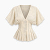 Floral V Neck Puff Sleeve Peplum Blouse in Cream