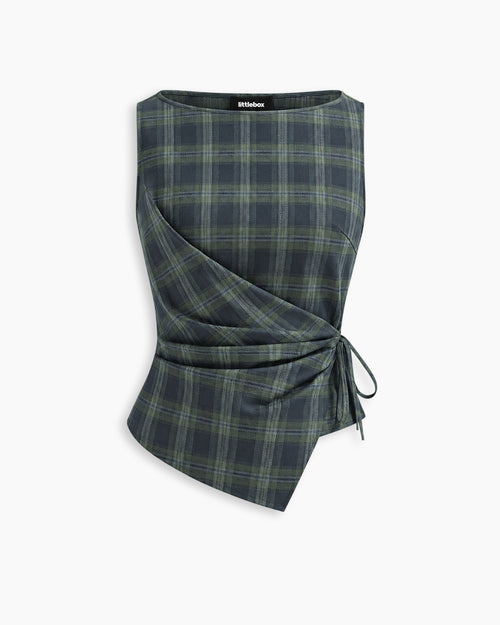 Plaid Boat Neck Asymmetric Wrap Tie Top in Midnight Navy Blue