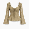 Ruched Tie Front Flared Sleeve Peplum Top in Sand Beige