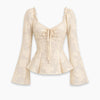Ruched Tie Front Flared Sleeve Peplum Top in Cream