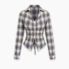 Plaid Collared Ruched Button Front Top in Sapphire Navy Blue