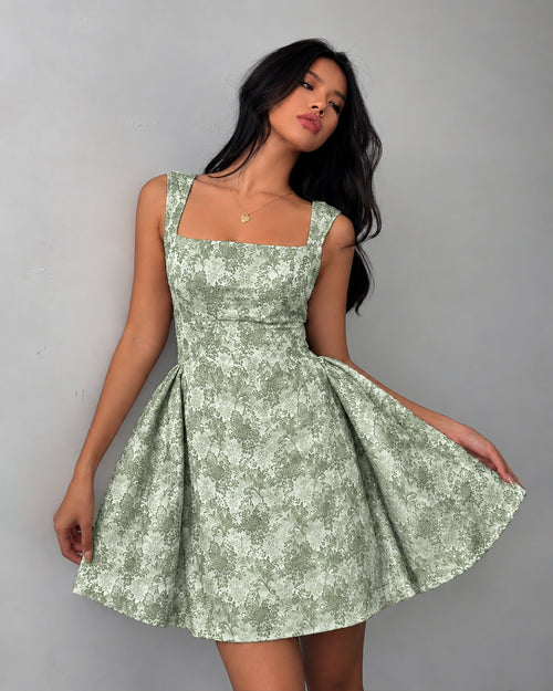 Square Neck Floral Fit and Flare Mini Dress in Green