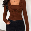 Ruched Cowl Neck Long Sleeve Fitted Top in Rust Brown