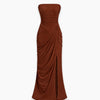 Strapless Ruched Draped Slit Maxi Dress in Tan Brown