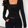 Cowl Neck Ruched Long Sleeve in Classic Black