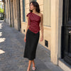 One Shoulder Draped Asymmetric Tie Top in Burgundy