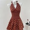 Halter Neck Smocked Waist Floral Mini Dress in Burgundy