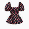 Floral Square Neck Puff Sleeve Peplum Top in Dark Navy Blue