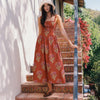 Floral Square Neck Spaghetti Strap Midi Dress in Rust Brown