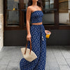 Strapless Printed Wide Leg Pants Co Ord Set in Midnight Navy Blue