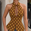 Floral Halter Neck Tie Front Peplum Top in Caramel Brown