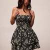Floral Square Neck Tiered Mini Dress in Soft Black