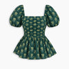 Floral Square Neck Puff Sleeve Peplum Top in Dark Green