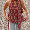 Floral Halter Neck Scarf Tie Peplum Top in Merlot