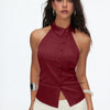 Halter Neck Collared Button Front Fitted Top in Burgundy