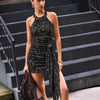 Floral Embroidered Halter Neck Ruched Tie Mini Dress in Jet Black