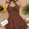 Halter Neck Sleeveless Layered Hem Fit and Flare Mini Dress in Chocolate Brown