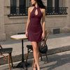 Halter Neck Cut Out Ruched Mini Dress in Wine Maroon