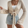 Eyelet Knit Tie Front Bell Sleeve Shrug in Warm Beige