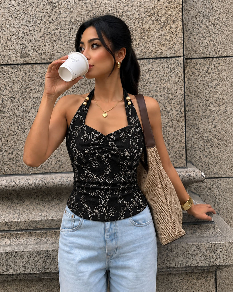 Floral Embroidered Tie Neck Ruched Cami Top in Jet Black