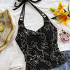 Floral Embroidered Tie Neck Ruched Cami Top in Jet Black