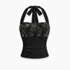 Floral Halter Neck Ruched Tank Top in Jet Black