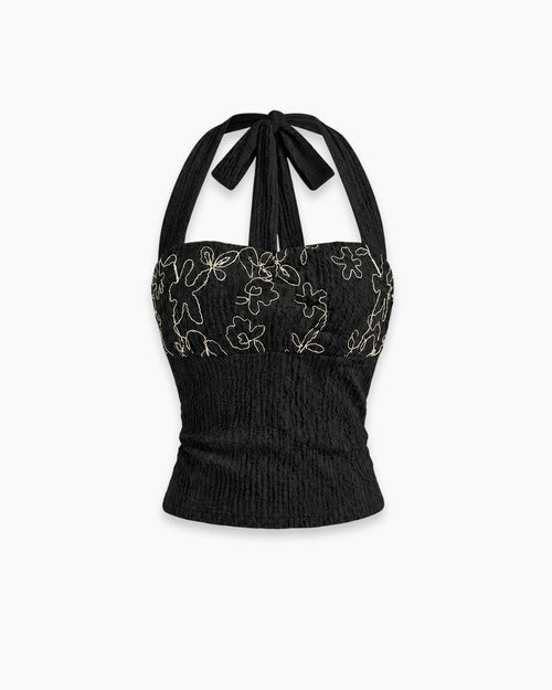 Floral Halter Neck Ruched Tank Top in Jet Black