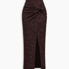 Ruched Side Slit Jacquard Midi Skirt in Cocoa Brown