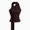 Halter Neck Ruched Tie Front Crop Top in Cocoa Brown