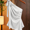 One Shoulder Draped Asymmetric Tie Top in Off-White