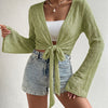 Eyelet Knit Tie Front Bell Sleeve Shrug in Herbal Green