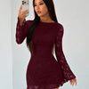 Lace Long Sleeve Boat Neck Mini Dress in Merlot