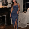 Sleeveless Ruffle High Slit Bodycon Floral Dress in Midnight Navy Blue