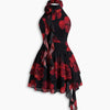 Floral Rosette Halter Ruffle Mini Dress in Midnight Black and Crimson Red